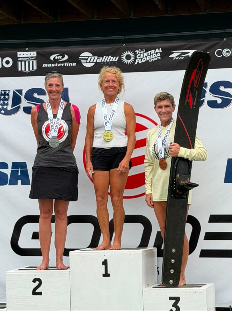 Three skiers on the medal podium